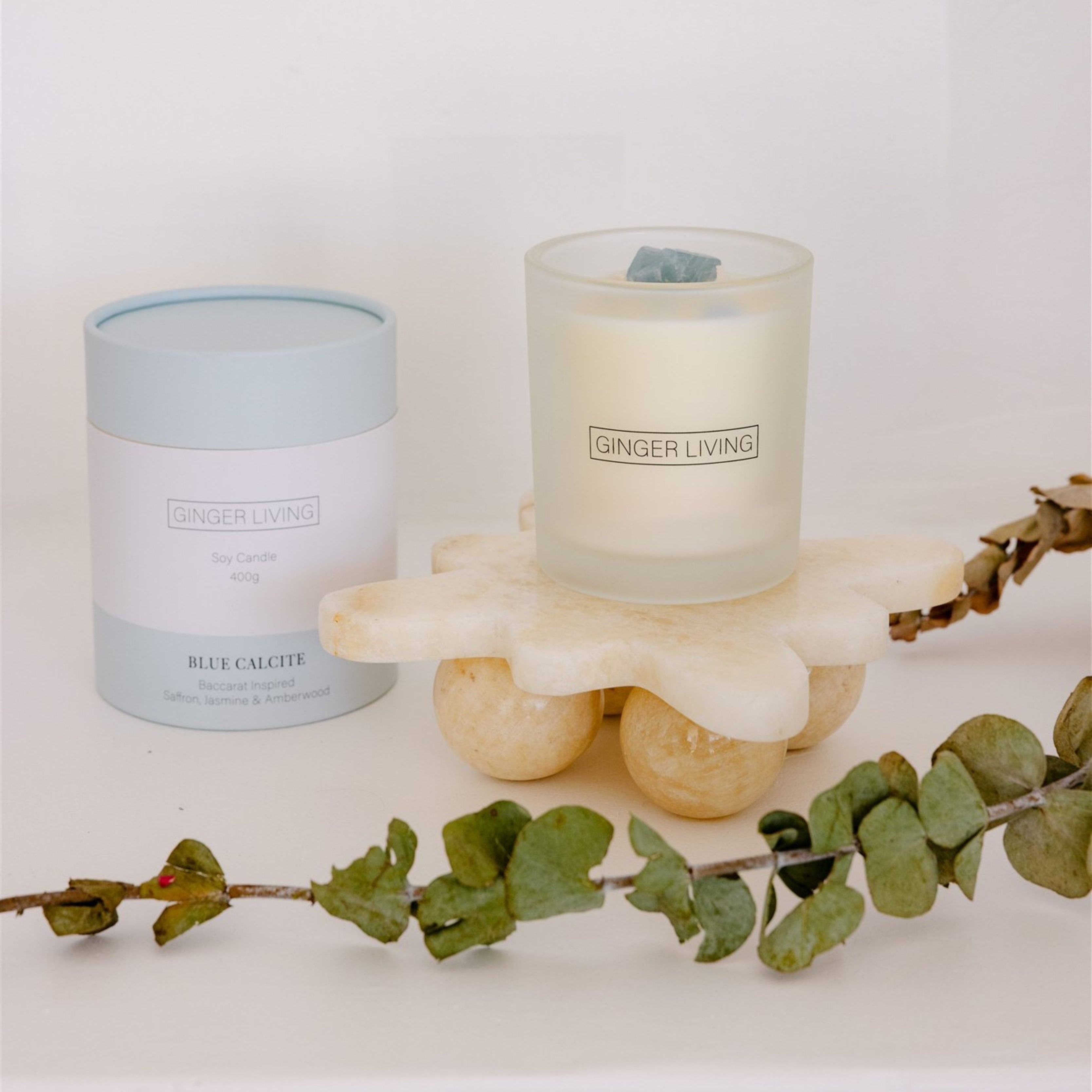 Blue Calcite, Baccarat inspired (Saffron, Jasmine & Amberwood) Candle
